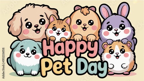 Cute cartoon animals celebrate happy pet day with joyful colorful illustration
