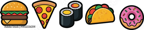 Colorful fast food icons set featuring burger, pizza slice, sushi rolls, taco, and donut, cartoon style illustration for restaurant menus, snack branding, delivery apps, and street food concepts