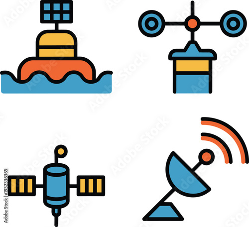 Communication and weather monitoring technology icons featuring buoy station, anemometer sensor, satellite, and radar antenna representing marine safety, environmental data collection, forecasting,