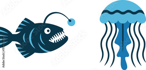 Deep sea creatures illustration featuring anglerfish and jellyfish icons, marine life symbols for ocean wildlife education, aquatic biodiversity themes, underwater ecosystem design, and sea creature