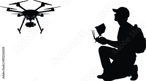 Drone operator controlling aerial quadcopter with remote controller, professional UAV pilot silhouette capturing aerial photography and videography for surveying, mapping, inspection, and modern
