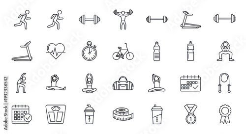Fitness and Health Icons: Running, Yoga, Gym Equipment, Heart Rate, Stopwatch, Calendar