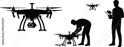 Drone technology silhouettes showing quadcopter operation, pilot control, and aerial photography workflow, ideal for surveillance, mapping, inspection, videography