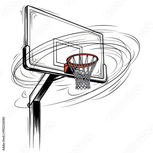 Basketball hoop with swirly motion lines, hand-drawn style, isolated on white background