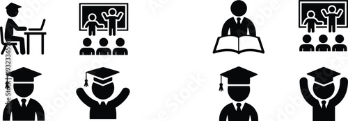 Education and graduation icon set showing teacher, classroom learning, students, academic achievement, and online study symbols for school, university, training, and knowledge development concepts