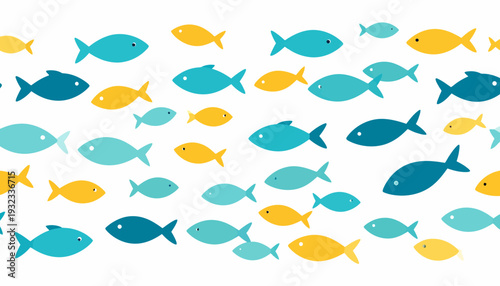A vibrant, seamless pattern featuring a large school of stylized blue and yellow fish swimming in various directions on a white background, creating a dynamic aquatic design.