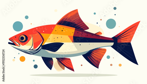 A vibrant, stylized fish with geometric patterns and bold colors, swimming in profile against a light background with abstract circles.