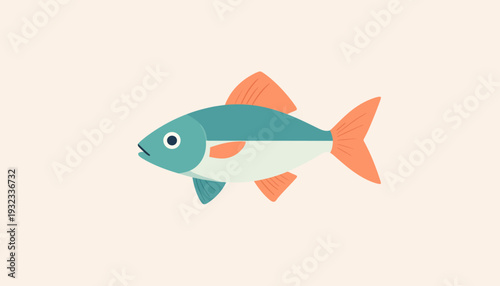 A simple, flat-design illustration of a blue-green fish with orange fins and tail on a light background.