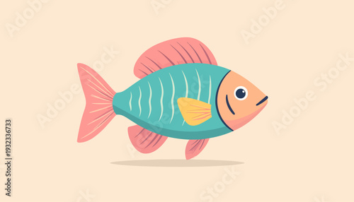 A cute cartoon fish with a blue body, pink fins, and an orange head swimming.