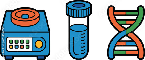 Laboratory equipment and genetic science icons featuring centrifuge machine, test tube sample, and DNA helix representing biotechnology research, medical testing, clinical analysis, and modern