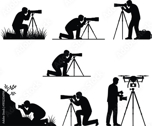 Wildlife and nature photography silhouettes showing photographers using telephoto lenses and drone equipment, capturing outdoor scenes for documentary, conservation, travel