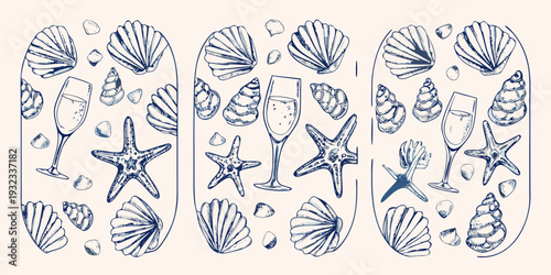 Sketch of seashells starfish and champagne glasses on a light background
