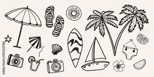 Summer vacation themed doodles including beach items and tropical foliage