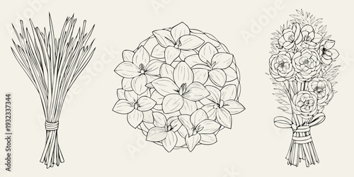 Three floral arrangements in a linear hand drawn style are displayed
