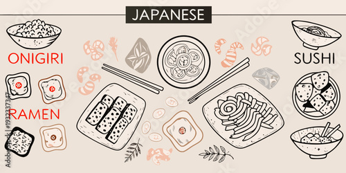 A colorful doodle illustration showcasing various traditional japanese foods