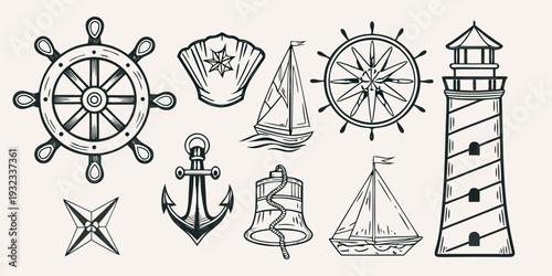 Nautical themed illustrations featuring ships anchors and lighthouse elements