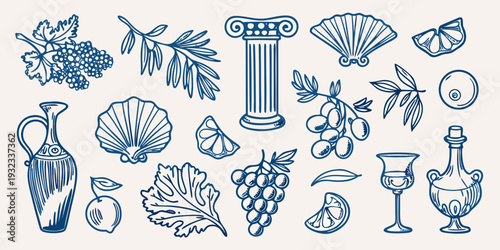 A collection of hand drawn classical elements and botanical illustrations