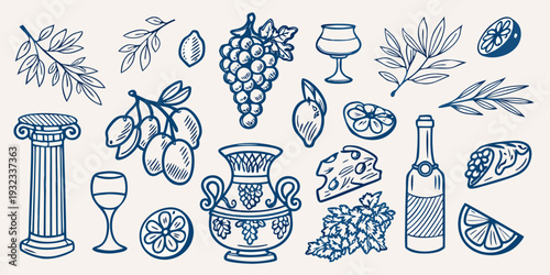 Botanical and still life arrangement with fruit wine and classical elements