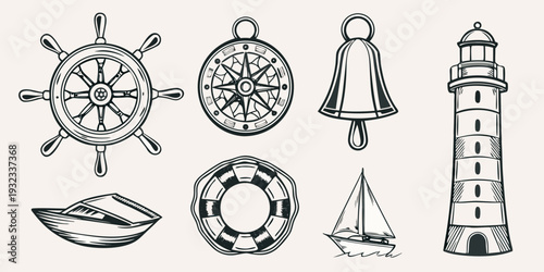 Vintage nautical elements including a ship wheel compass and lighthouse