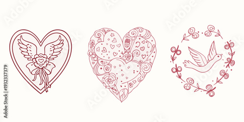 Three decorative heart illustrations with floral and avian motifs