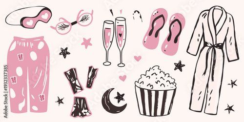 A whimsical illustration of sleepover essentials and girly night items