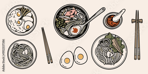 An illustrated collection of various asian noodle soups eggs and sides