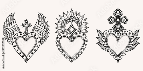 Schilderij op canvas Three ornate black and white sacred heart tattoo designs on a beige background