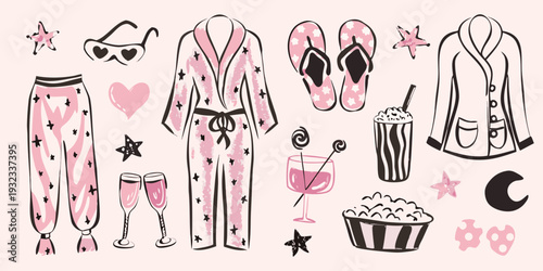 A playful collection of pink and white sleepwear and relaxation items