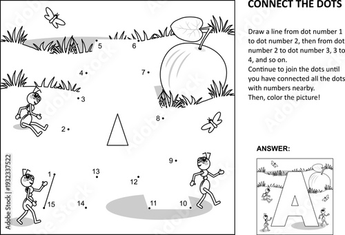 Educational connect the dots picture puzzle and coloring page - letter A, apple and ants. Answer included.
