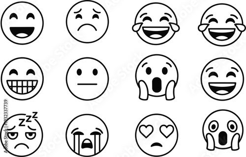 Emoticon face expressions line icons set with happy sad laughing shocked vector illustration collection