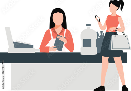 Shop assistant handling shopping bag to female costumer in grocery store.