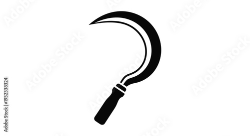 A black silhouette of a traditional farming scythe with a wooden handle