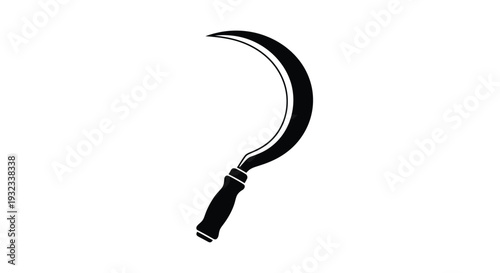 A black silhouette of a traditional sickle farming tool on white