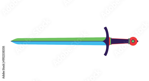 A colorful illustration depicts a medieval sword lying horizontally on white