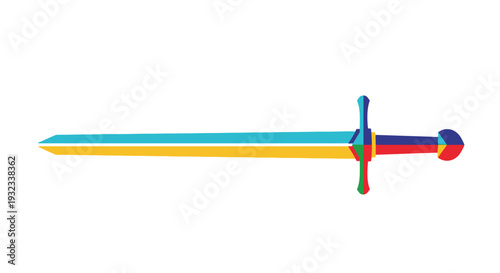 A brightly colored stylized sword illustration against a white background