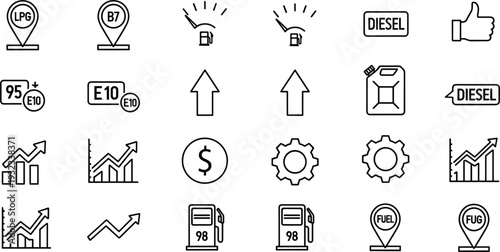 Fuel and business growth icons set with petrol diesel finance vector illustration collection