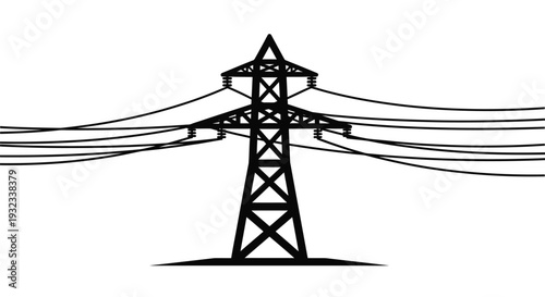 Black and white illustration of a tall electrical power transmission tower