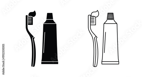 Black and white illustrations depicting a toothbrush and toothpaste tube