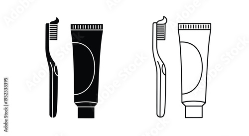 Dental hygiene icons toothbrushes and toothpaste in black and white