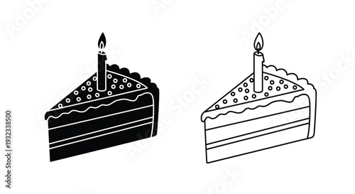 Two slices of chocolate cake with burning candles black and white illustration