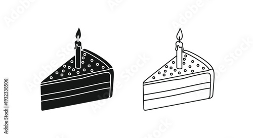 Two slices of black and white cake with lit candles simple vector illustration
