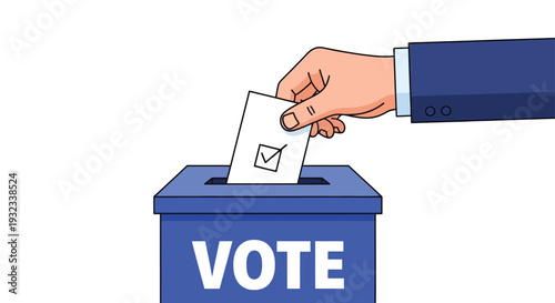 A hand inserting a marked ballot into a blue voting box