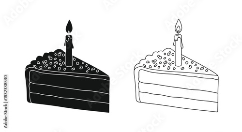 Two black and white illustrations of slice of cake with a candle
