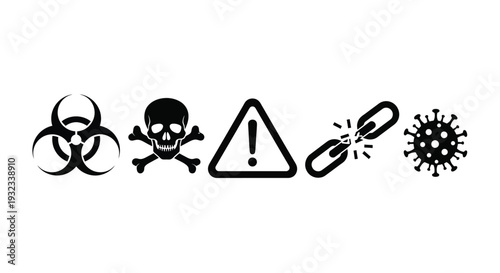 Black icons depicting biohazard skull warning virus and bacteria