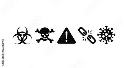Collection of black warning signs biohazard skull caution syringe and virus