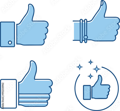 Blue thumbs up icons set with like approval hand gesture vector illustration collection