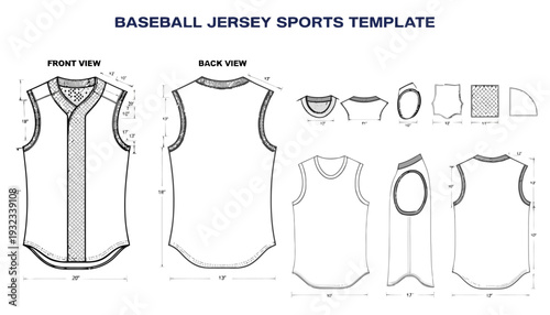 Detailed baseball jersey template with front and back views