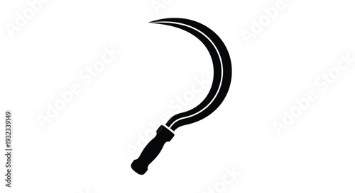 A black silhouette of a traditional farming scythe or reaping hook