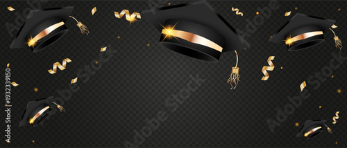 Graduation background horizontal panoramic banner. Realistic 3D black mortarboards flying with gold tassels and confetti on dark transparent background. For university ceremony and school event.