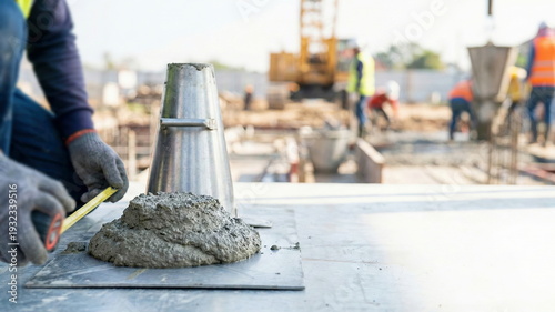 Worker performing a concrete slump test with a measuring tape at a construction site for quality control and building material assessment.